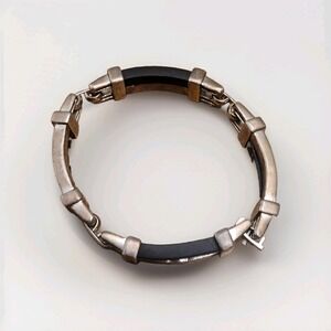 Mens Black Rubber Silver Tone Metal Link Bracelet Toggle Clasp